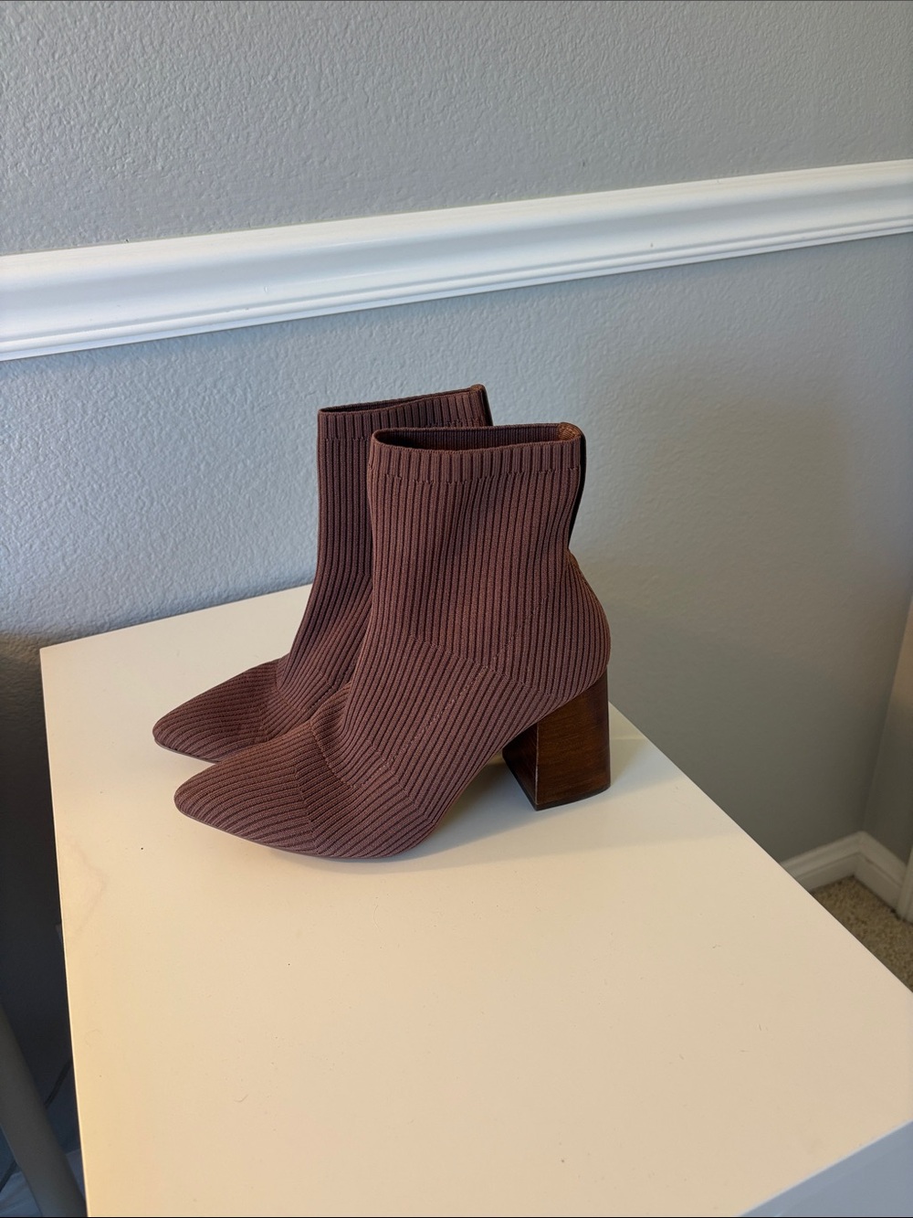 Knit Pointed-Toe Ankle Boot in Mauve Brown